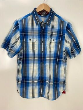 The North Face Men's Blue and White Plaid Short-Sleeve Button-Down Shirt